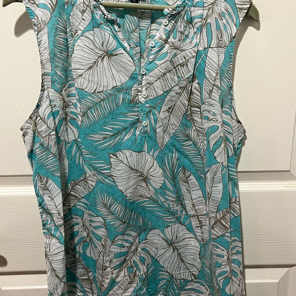 Talbots Teal and White Leaf Print Blouse